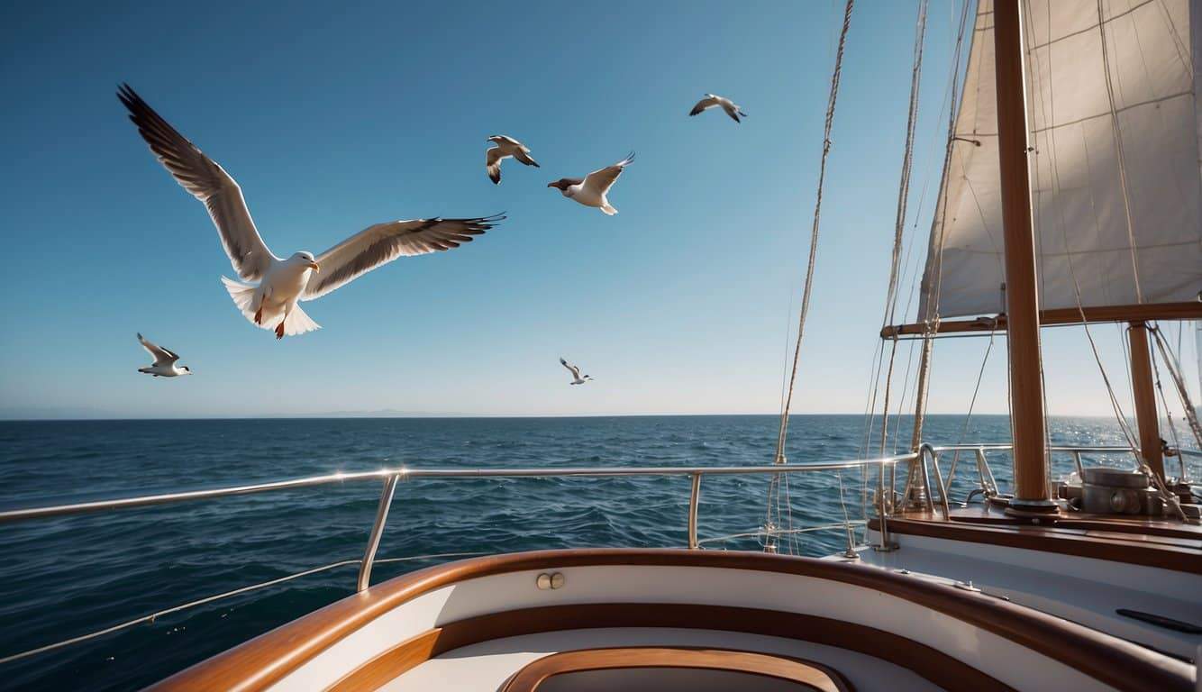 A ship sailing on a calm sea under a clear blue sky with seagulls flying overhead