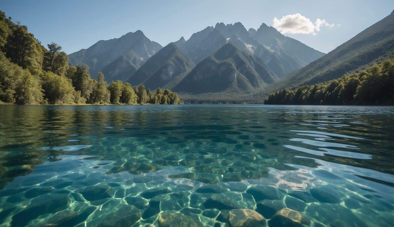 Crystal-clear water reflects a vibrant blue sky, surrounded by lush greenery and towering mountains, with a paddleboard floating peacefully in the center