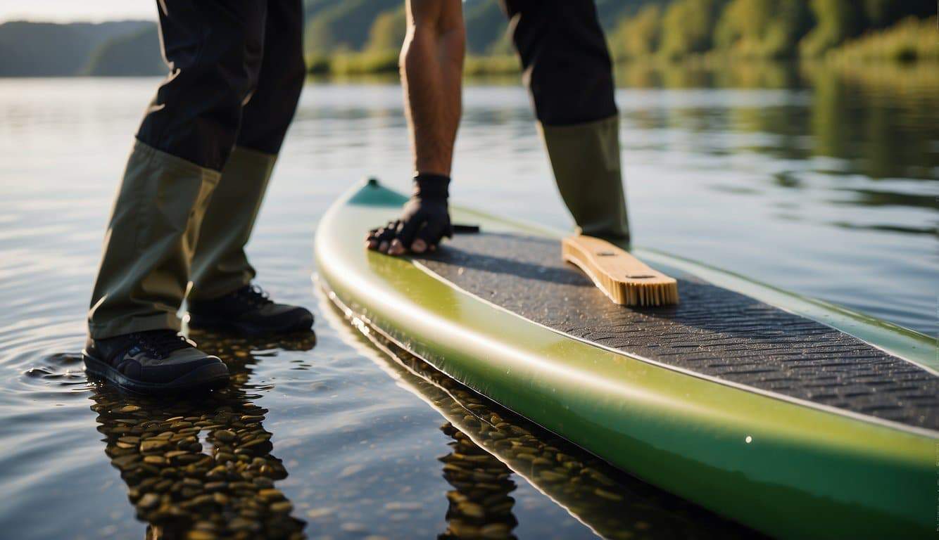 A person cleaning a SUP board with a brush and soapy water near a calm lake