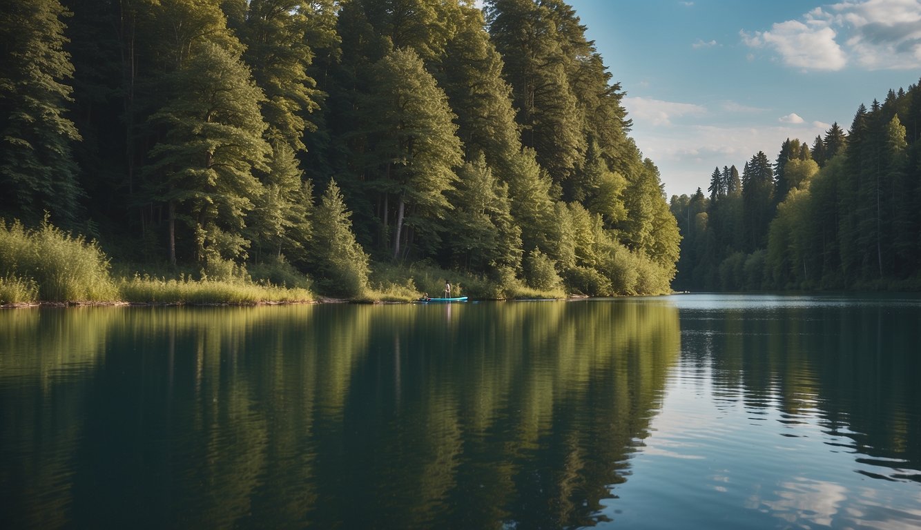 A serene lake in Germany with a person paddleboarding. The surrounding landscape includes lush greenery and a clear blue sky