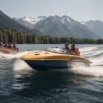 A group of speedboats racing on a sunny lake, with mountains in the background and cheering spectators lining the shore