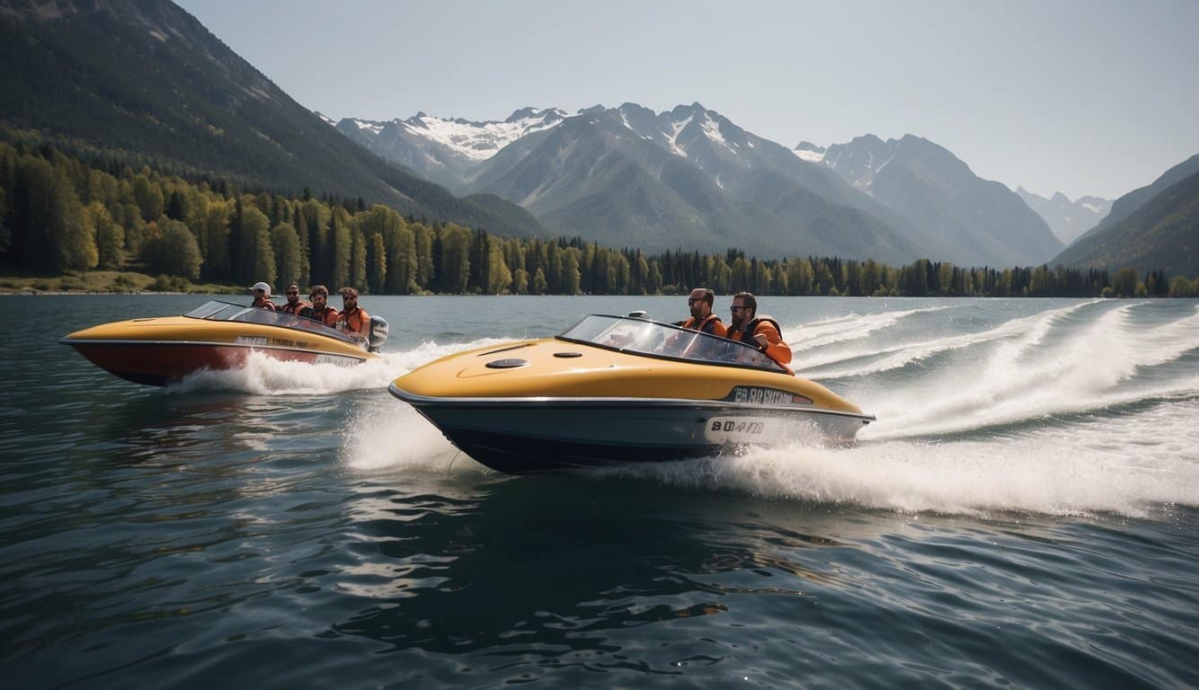 A group of speedboats racing on a sunny lake, with mountains in the background and cheering spectators lining the shore