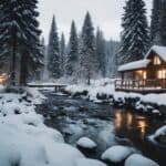 A snowy forest with a small stream, bare trees, and a cozy cabin nestled amongst the snow-covered landscape