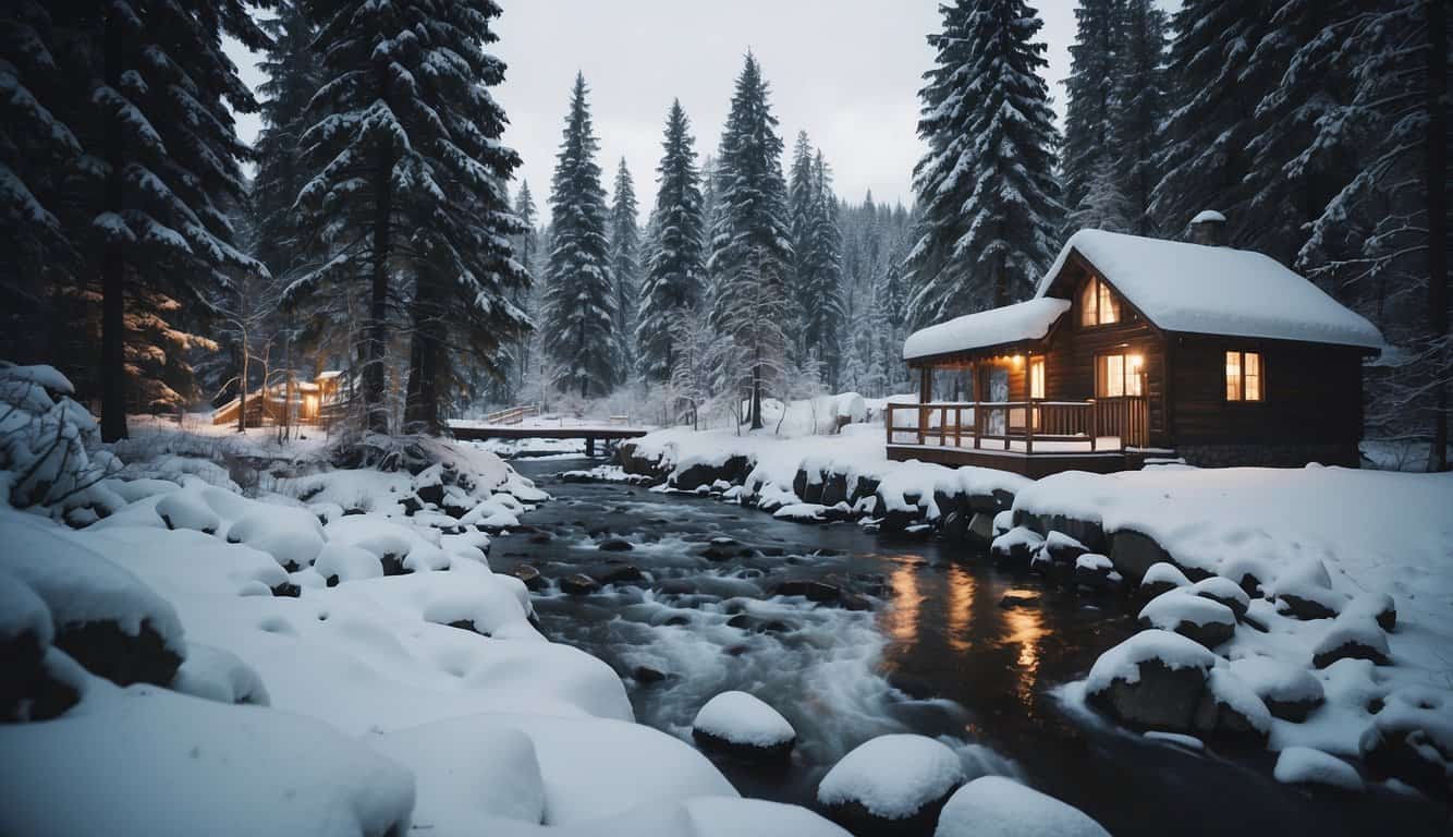 A snowy forest with a small stream, bare trees, and a cozy cabin nestled amongst the snow-covered landscape