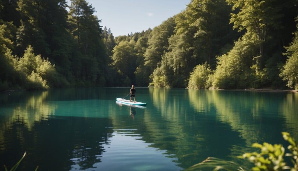 A serene lake with a paddleboard, surrounded by lush green trees and a clear blue sky