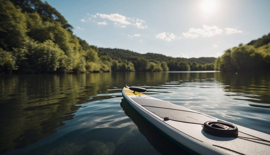 A paddleboard rests on calm water, surrounded by a serene natural landscape. A training plan and methodology are visible nearby