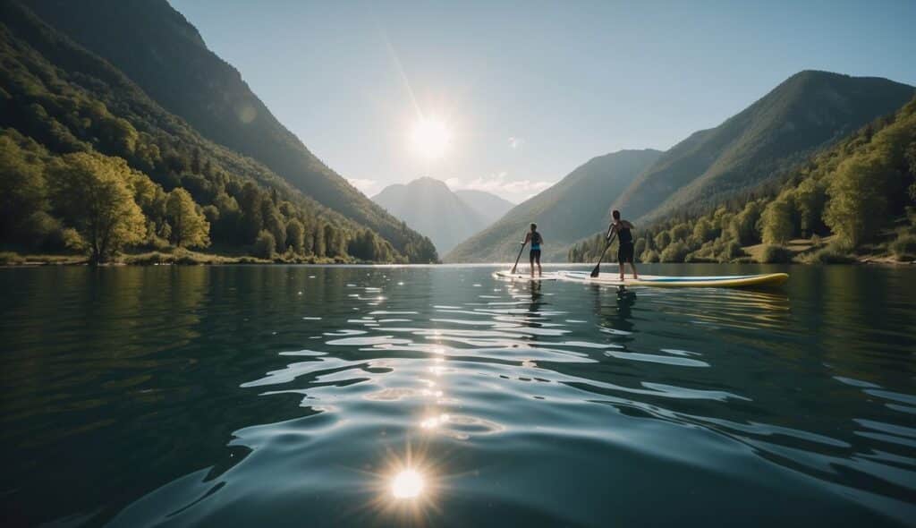 A stand-up paddleboard (SUP) glides through calm water, surrounded by a picturesque landscape of mountains and trees