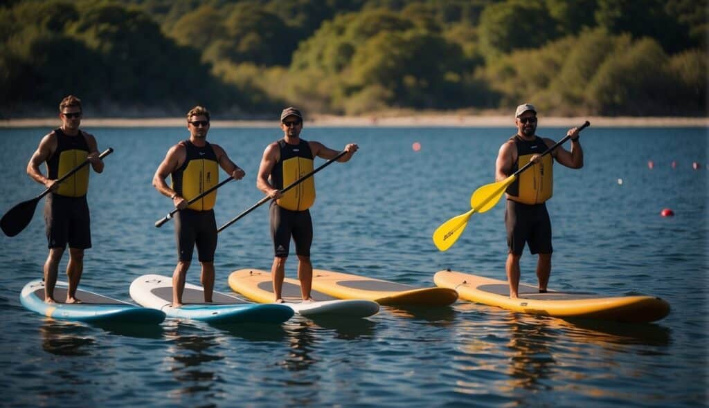 A group of stand-up paddleboarders practice advanced techniques and compete in a training session