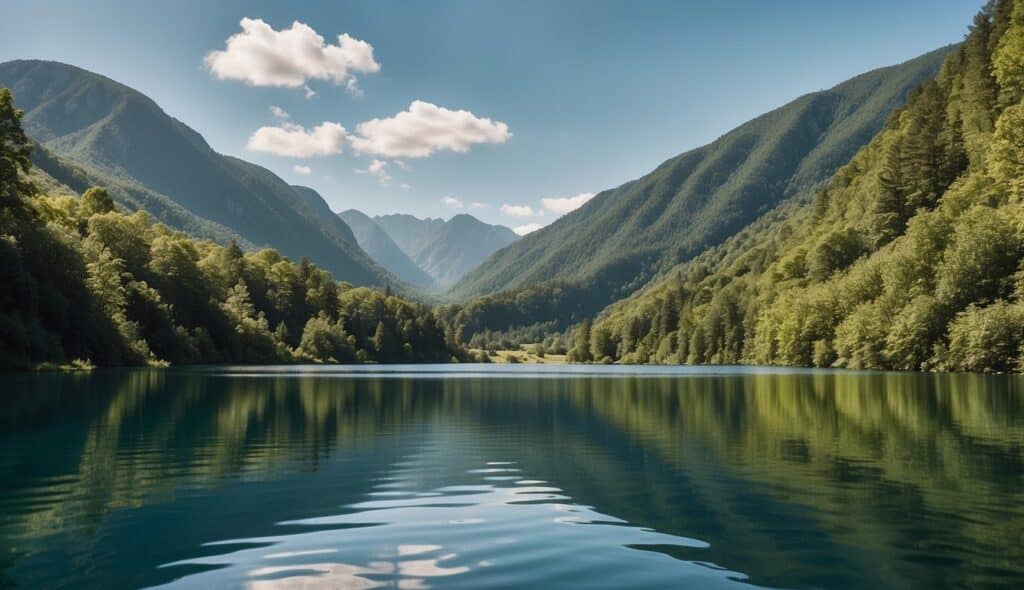 A serene lake surrounded by lush green mountains, with a single paddleboard gliding across the calm water under a clear blue sky