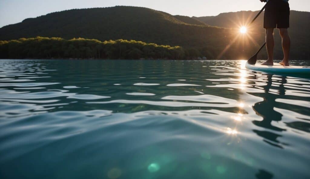 Crystal clear waters surround a tranquil stand-up paddleboarding spot. Equipment and techniques are showcased in the serene setting