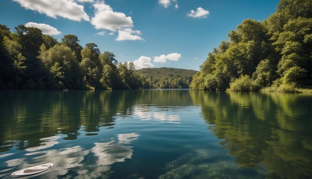 A serene lake surrounded by lush greenery under a clear blue sky, with a paddle board floating peacefully on the water