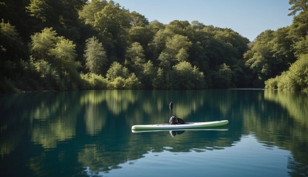 A serene lake surrounded by lush greenery, with a solitary paddleboard gliding across the calm water, reflecting the clear blue sky above