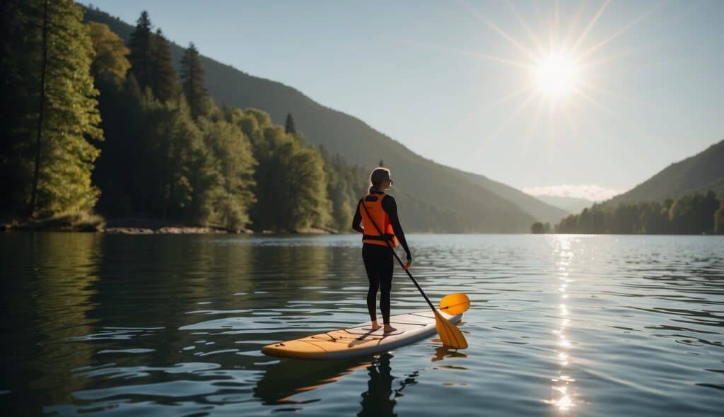 A person stands on a paddleboard on calm water, wearing a life jacket and using a paddle. The sun is shining, and the surroundings are peaceful and serene