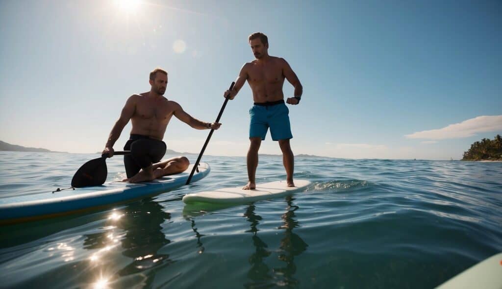 A person demonstrating injury prevention and first aid for stand-up paddleboarding. No humans or body parts should be included in the scene