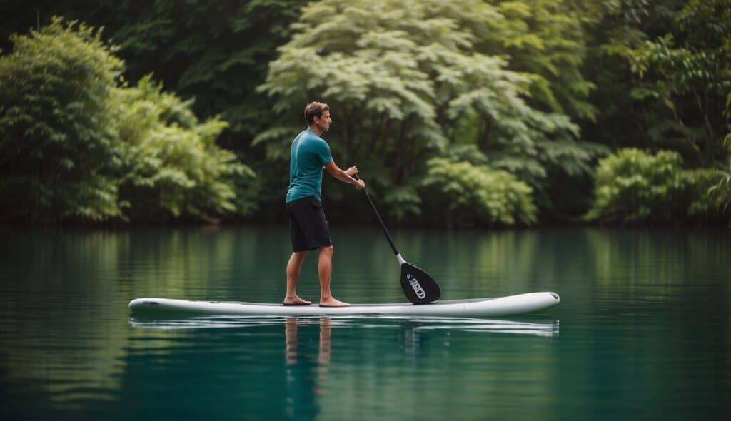 A person paddling on a stand-up paddleboard, surrounded by calm water and lush greenery, with a focus on proper technique and body positioning to avoid injuries