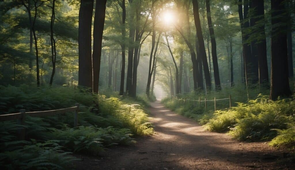 A serene forest with a clear path, surrounded by protective barriers and warning signs to prevent accidents