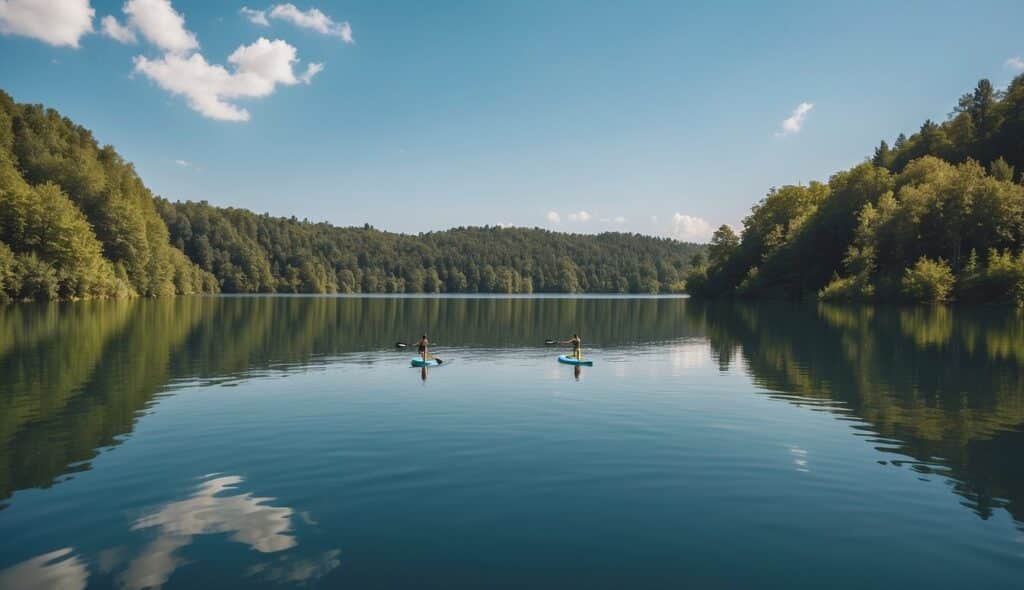 A serene lake surrounded by lush greenery, with a paddleboard floating peacefully on the calm water, reflecting the clear blue sky above