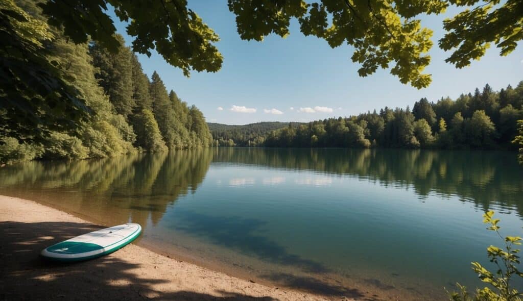 A serene lake surrounded by lush green trees, with a paddleboard and paddle resting on the shore, ready for a SUP tour or course in Germany