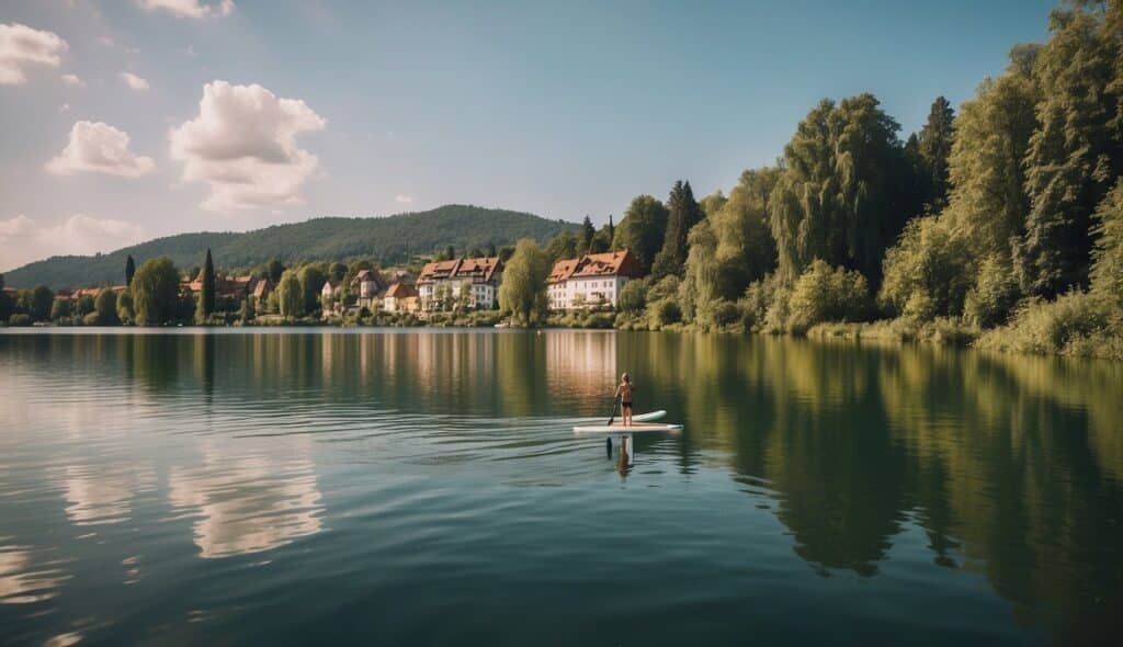 A serene lake with lush green surroundings, a paddleboard gliding through calm waters, with a distant view of a quaint German town in the background