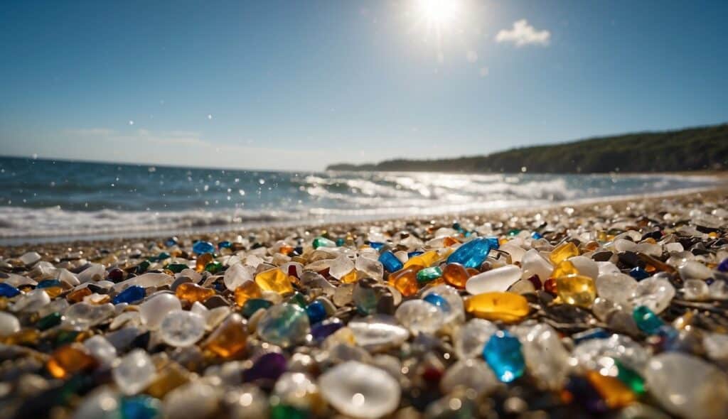 A beach with scattered plastic waste, waves crashing on shore, and a clear sky above