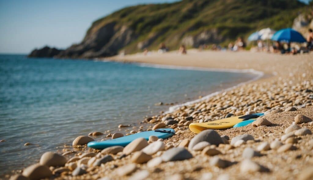 An eco-friendly beach with clear blue waters, a sandy shore free of single-use plastics, and people enjoying sustainable activities like paddleboarding and beach clean-ups