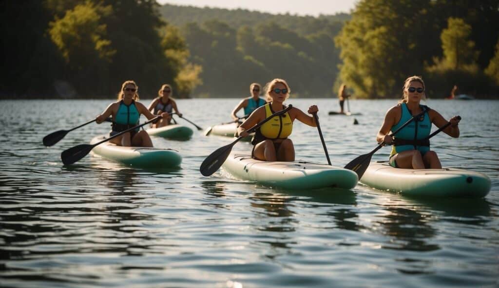 A group of stand-up paddleboard racers navigate through a series of buoy markers on a calm, sunlit lake. The racers paddle with determination, their boards slicing through the water with precision