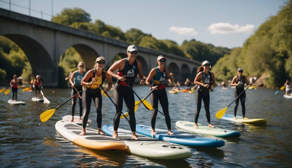 A group of paddleboards race on a calm river, passing under a bridge and around buoys. Spectators cheer from the riverbank as the competitors navigate the course