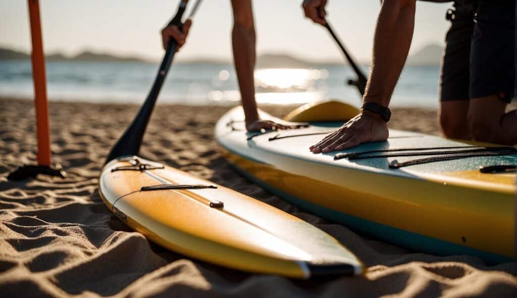 A paddleboard racer prepares equipment on a sunny beach. Boards, paddles, and gear are neatly arranged for a race