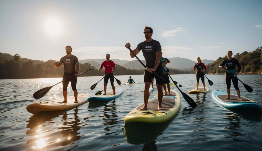 A group of stand-up paddleboard racers practice various training methods on the water, including paddling techniques and race strategies. They receive tips and guidance from a coach