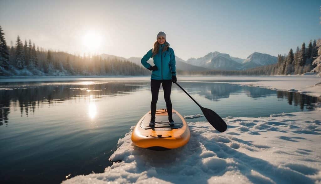 Winter scene with basic stand-up paddleboarding equipment and clothing, including a paddle, board, warm clothing, and snow-covered landscape