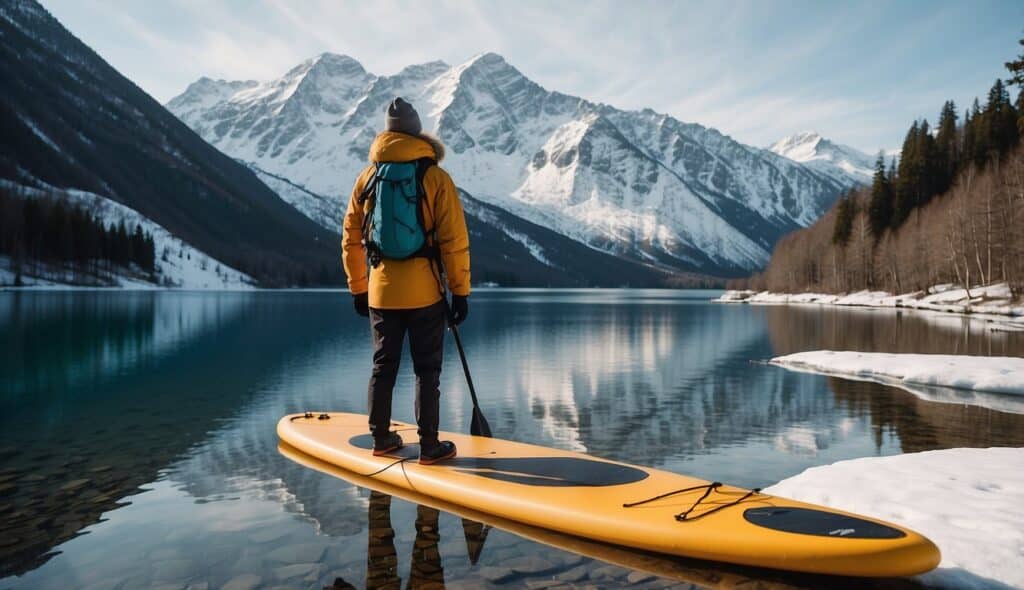 A person wearing a winter jacket and beanie stands next to a paddleboard on a snowy shore, with a leash and life jacket nearby. Snow-capped mountains and a calm lake are in the background