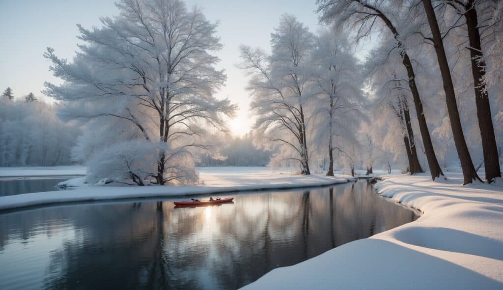 A lone paddleboard glides through a serene, snow-covered lake, surrounded by frosted trees and a tranquil winter landscape