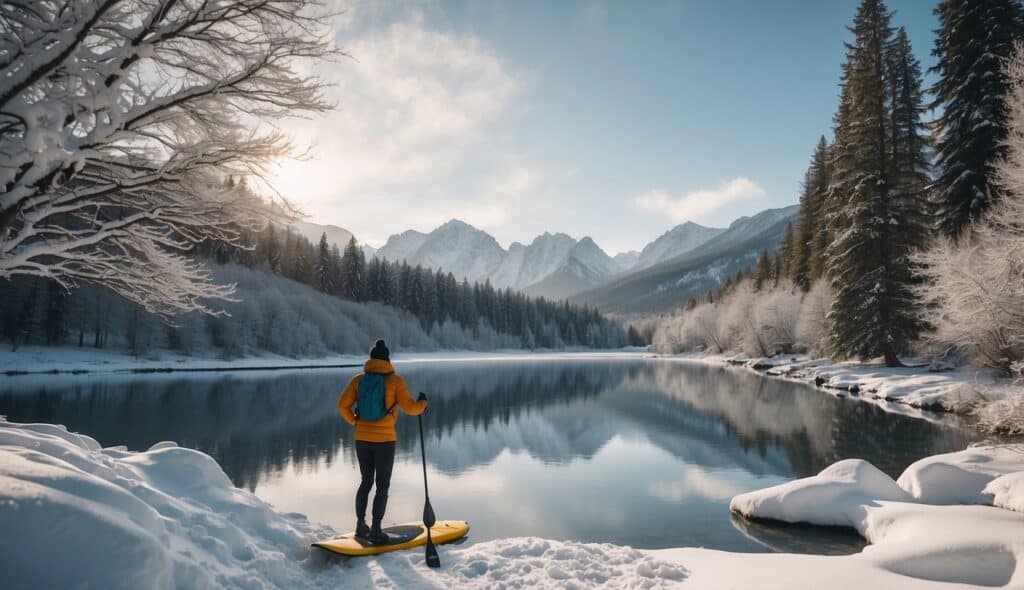 A snowy landscape with a frozen lake, a person paddleboarding, wearing a warm winter coat and a beanie, surrounded by snow-covered trees and mountains in the background