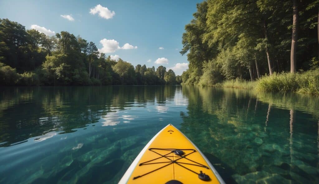 A serene lake with a paddleboard floating on the water, surrounded by lush green trees and clear blue skies